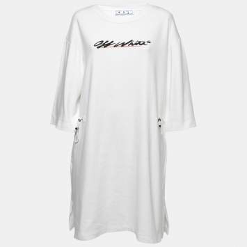 Pre Owned Off-White White Cotton Logo Print T-Shirt Dress L
