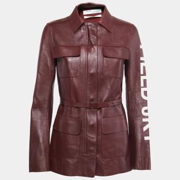Pre Owned Off-White Burgundy Leather Contrast Printed Sleeve Zip Front Belted Jacket S