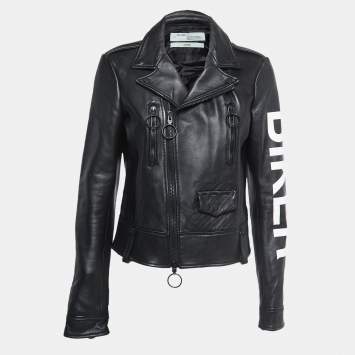 Pre Owned Off-White Black Leather Printed Sleeve Zip Detail Biker Jacket M