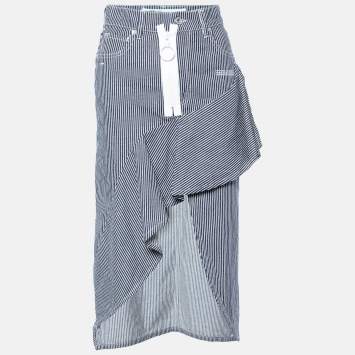 Pre Owned Off-White Navy Blue & White Striped Cotton Asymmetric Hem Skirt S