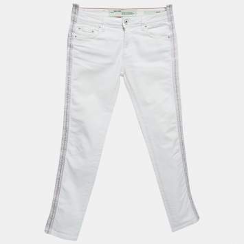 Pre Owned Off-White White Denim Logo Tape Detail Skinny Jeans S Waist 26"