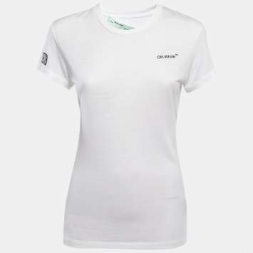 Pre Owned Off-White White Logo Print Knit Crew Neck Half Sleeve T-Shirt S