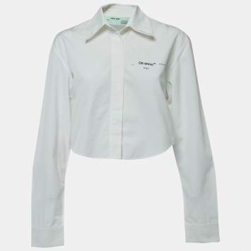 Pre Owned Off-White White Logo Print Cotton Button Front Cropped Full Sleeve Shirt S