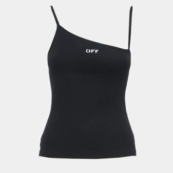 Pre Owned Off-White Black Logo Print Cotton Asymmetric Neck Vest Top XXS