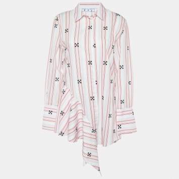Pre Owned Off-White Pink Striped Logo Embroidered Asymmetric Hem Tunic S