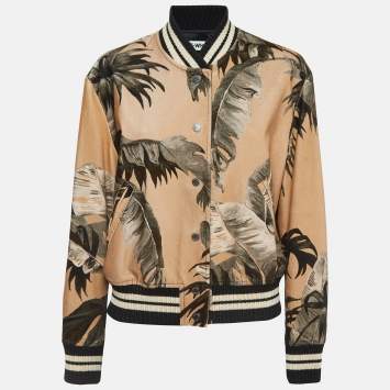 Pre Owned Off-White Tan Leaf Print Velvet Cotton Buttoned Bomber Jacket S