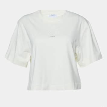 Pre Owned Off-White Cream Cotton Bead Arrow Detail Crop Top S