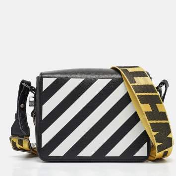 Pre Owned Off-White Black/White Diagonal Print Leather Binder Clip Crossbody Bag