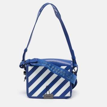 Pre Owned Off-White Blue/White Diagonal Print Leather Binder Clip Crossbody Bag