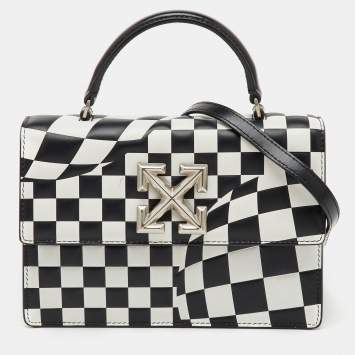 Off-White Black/White Check Printed Leather Jitney Top Handle Bag