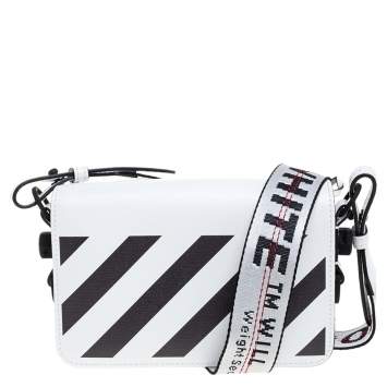 Pre Owned Off-White White/Black Diag Print Leather Binder Clip Crossbody Bag