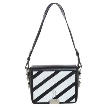 Pre Owned Off-White Black/White Diagonal Print Leather Binder Clip Crossbody Bag