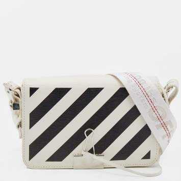 Pre Owned Off-White Black/White Diagonal Print Leather Mini Binder Clip Crossbody Bag