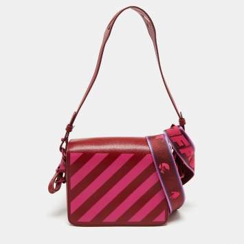 Pre Owned Off-White Red/Pink Diagonal Striped Leather Flap Crossbody Bag