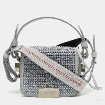 Pre Owned Off-White Ash Grey Crystal Embellishment Suede and Leather Baby Binder Flap Bag