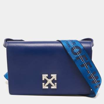 Pre Owned Off-White Blue Leather Jitney Flap Crossbody Bag