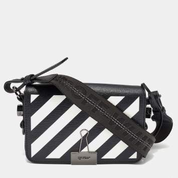 Pre Owned Off-White Black/White Diagonal Print Leather Mini Binder Clip Crossbody Bag