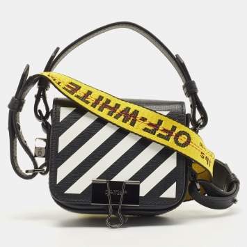 Pre Owned Off-White Black/White Diagonal Striped Leather Baby Flap Crossbody Bag