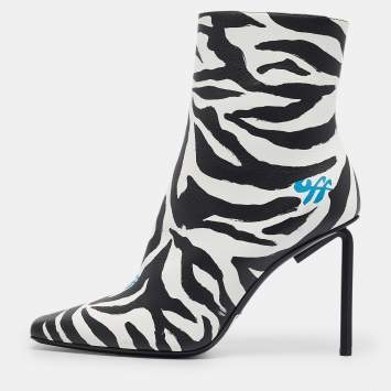 Pre Owned Off-White Black/White Zebra Print Leather Allen Booties Size 38