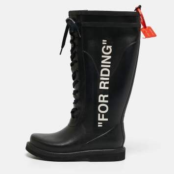 Pre Owned Off-White Black Rubber Quote-Motif Riding Boots Size 40