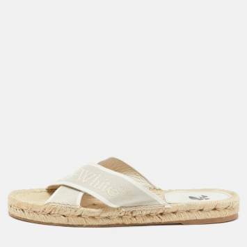 Pre Owned Off-White Beige Logo Embroidered Canvas Crisscross Flat Espadrille Slides Size 41