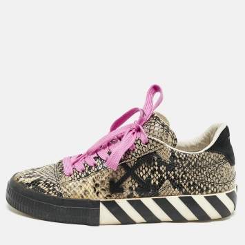 Off-White Beige/Black Python Embossed Leather Vulcanised Low Top Sneakers Size 39