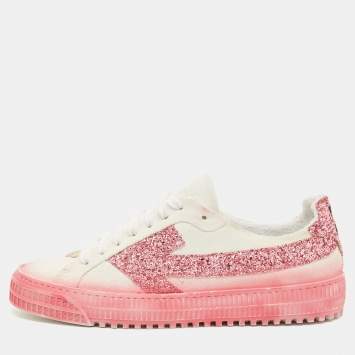 Pre Owned Off-White White/Pink Suede and Glitter Vulcanized  Sneakers Size 41