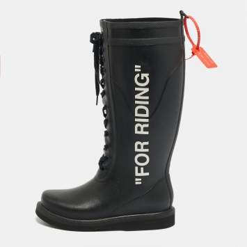 مملوكة مسبقًا Off-White Quote Motif Size 40 Black Rubber Knee Length Boots