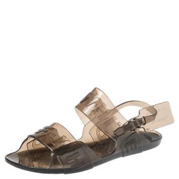 Pre Owned Off-White Transparent Black Jelly Zip Tie Slingback Flat Sandals Size 40