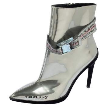 Pre Owned Off White Silver Patent  Pointed Toe Ankle Booties Size 37