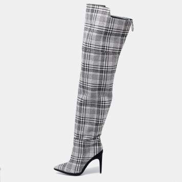Pre Owned Off-White Black/White Knit Fabric Over the Knee Boots Size 39