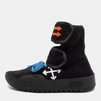 Pre Owned Off-White Black Knit Fabric Moto Wrap Velcro Detailed Sneakers Size 37 