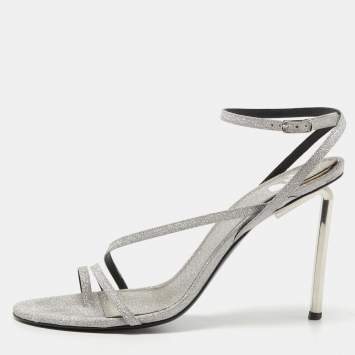 Off-White Metallic Grey Glitter Allen Ankle Strap Sandals Size 40