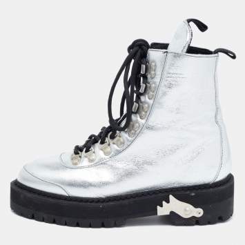 Pre Owned Off-White Silver Leather Lace Up Boots Size 36