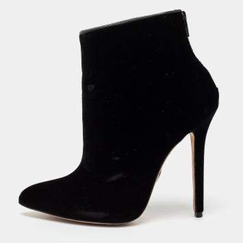 Pre Owned Olcay Gulsen Black Velvet Pointed Toe Ankle Boots Size 37
