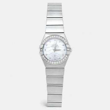 Pre Owned Omega White Mother Of Pearl Diamond Stainless Steel Constellation 123.15.24.60.55.006 Quartz Women's Wristwatch 24 mm