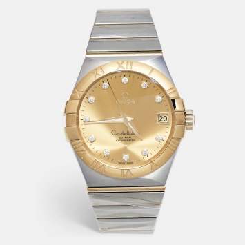 Pre Owned Omega Champagne Diamond 18k Yellow Gold Stainless Steel Constellation 123.20.38.21.58.001 Men's Wristwatch 38 mm
