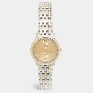 Pre Owned Omega Champagne Diamond 18K Yellow Gold Stainless Steel De Ville Prestige 424.20.27.60.58.002 Women's Wristwatch 27.40 mm