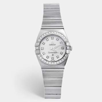Pre Owned Omega Mother Of Pearl Stainless Steel Diamond Constellation Double Eagle 1589.75.00 Women's Wristwatch 24 mm