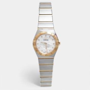 Pre Owned Omega Mother Of Pearl Diamond 18K Yellow Gold Stainless Steel Constellation 131.20.25.60.55.002 Women's Wristwatch 25 mm