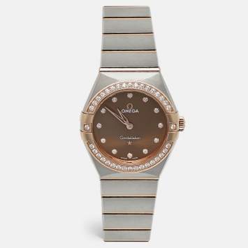 Pre Owned Omega Brown Diamond 18k Rose Gold Stainless Steel Constellation 131.25.28.60.63.001 Women's Wristwatch 28 mm 