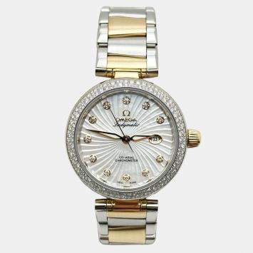 Pre Owned Omega De Ville Ladymatic 425.25.34.20.55.002 Automatic Mother of Pearl Diamond 18K Yellow Gold Stainless Steel Unisex Wristwatch 34 mm