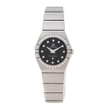 Pre Owned Omega Black Stainless Steel Diamonds Constellation 123.15.24.60.51.002 Women's Wristwatch 24 mm