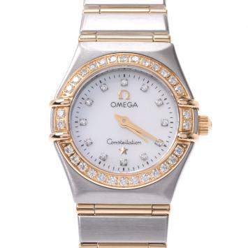 Pre Owned Omega MOP Diamond 18K Yellow Gold And Stainless Steel Constellation 1267.75 Quartz Women's Wristwatch 22 MM