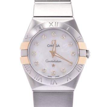 Pre Owned Omega MOP Diamonds 18k Yellow Gold And Stainless Steel Constellation 123.20.24.60.55.006 Women's Wristwatch 24 MM