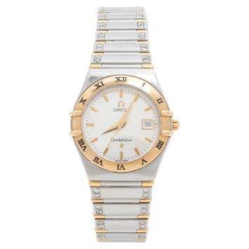 Pre Owned Omega  Silver White 18K Yellow Gold Stainless Steel Diamond Constellation 796.1201 Women's Wristwatch 27.50 mm