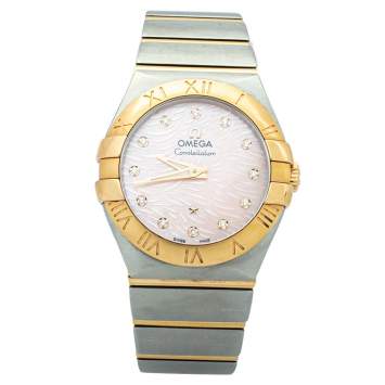 Pre Owned Omega Coral Mother Of Pearl 18K Yellow Gold & Stainless Steel Constellation Women's Wristwatch 27mm 