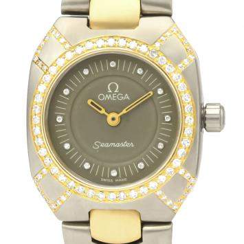 Pre Owned Omega Grey Diamonds 18K Yellow Gold And Titanium Seamaster 895.0845 Quartz Women's Wristwatch 22 MM