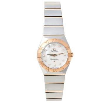 Pre Owned Omega Mother of Pearl 18K Rose Gold & Stainless Steel Diamond Constellation 123.20.24.60.55.001 Women's Wristwatch 24 mm