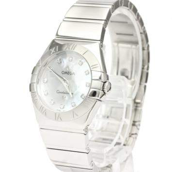Pre Owned Omega MOP Diamonds Stainless Steel Constellation 123.10.27.60.55.002 Quartz Women's Wristwatch 27 MM